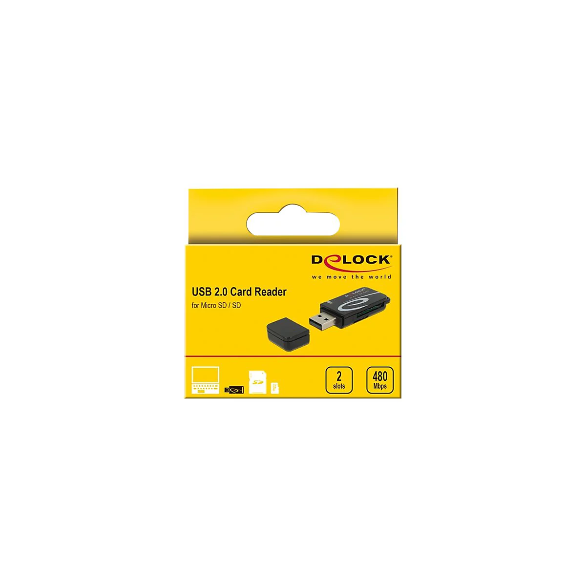 Gelbe Verpackung eines Delock USB 2.0 Kartenlesers für SD und Micro SD Karten.