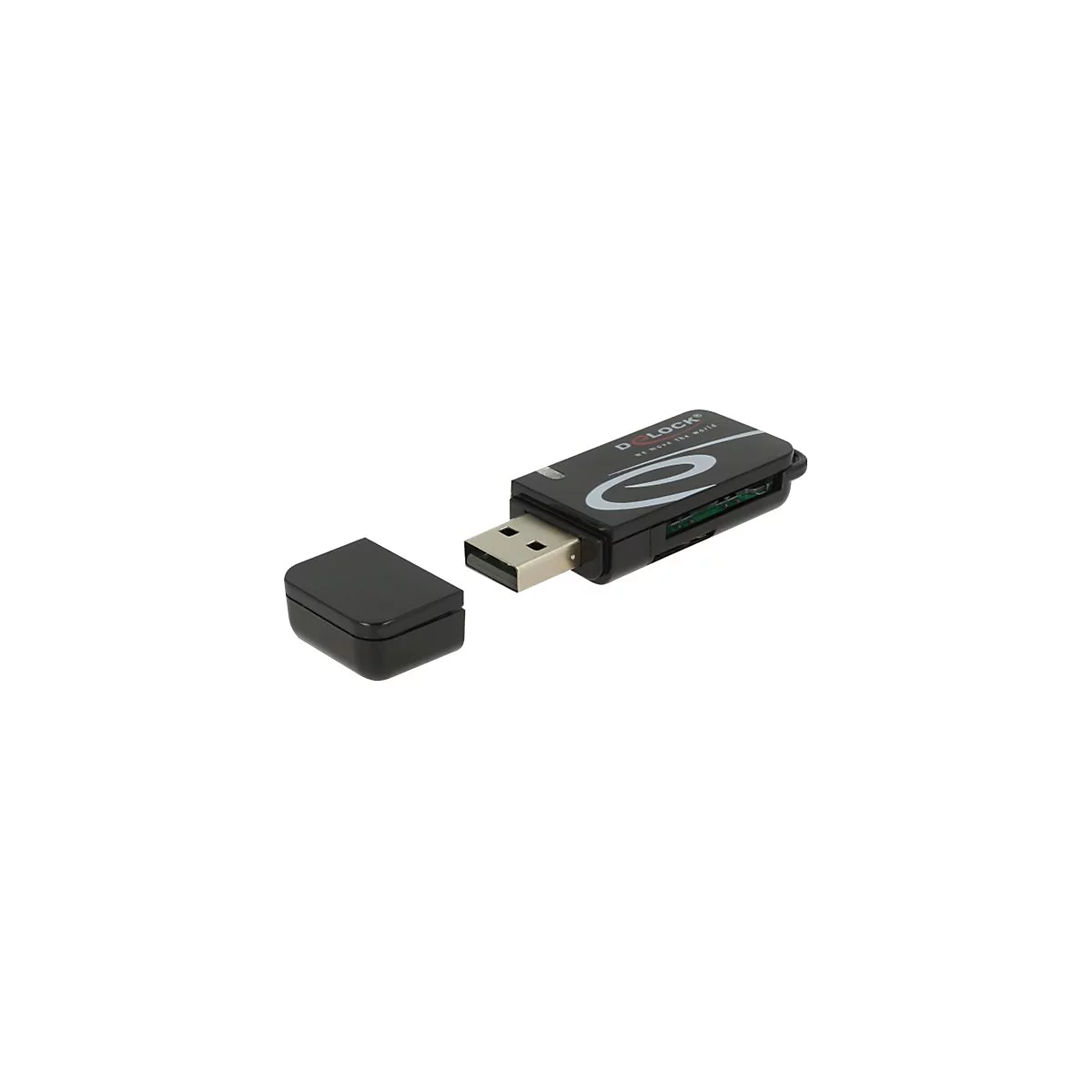Schwarzer Delock USB-Stick mit abgenommenem Deckel vor weißem Hintergrund.