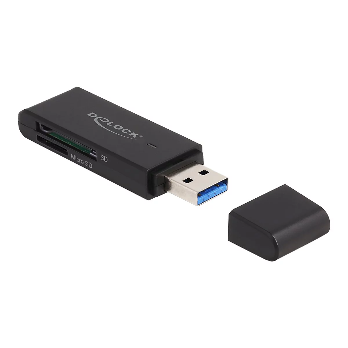 Schwarzer Delock USB 3.0 Kartenleser mit abgenommener Schutzkappe auf weißem Hintergrund.