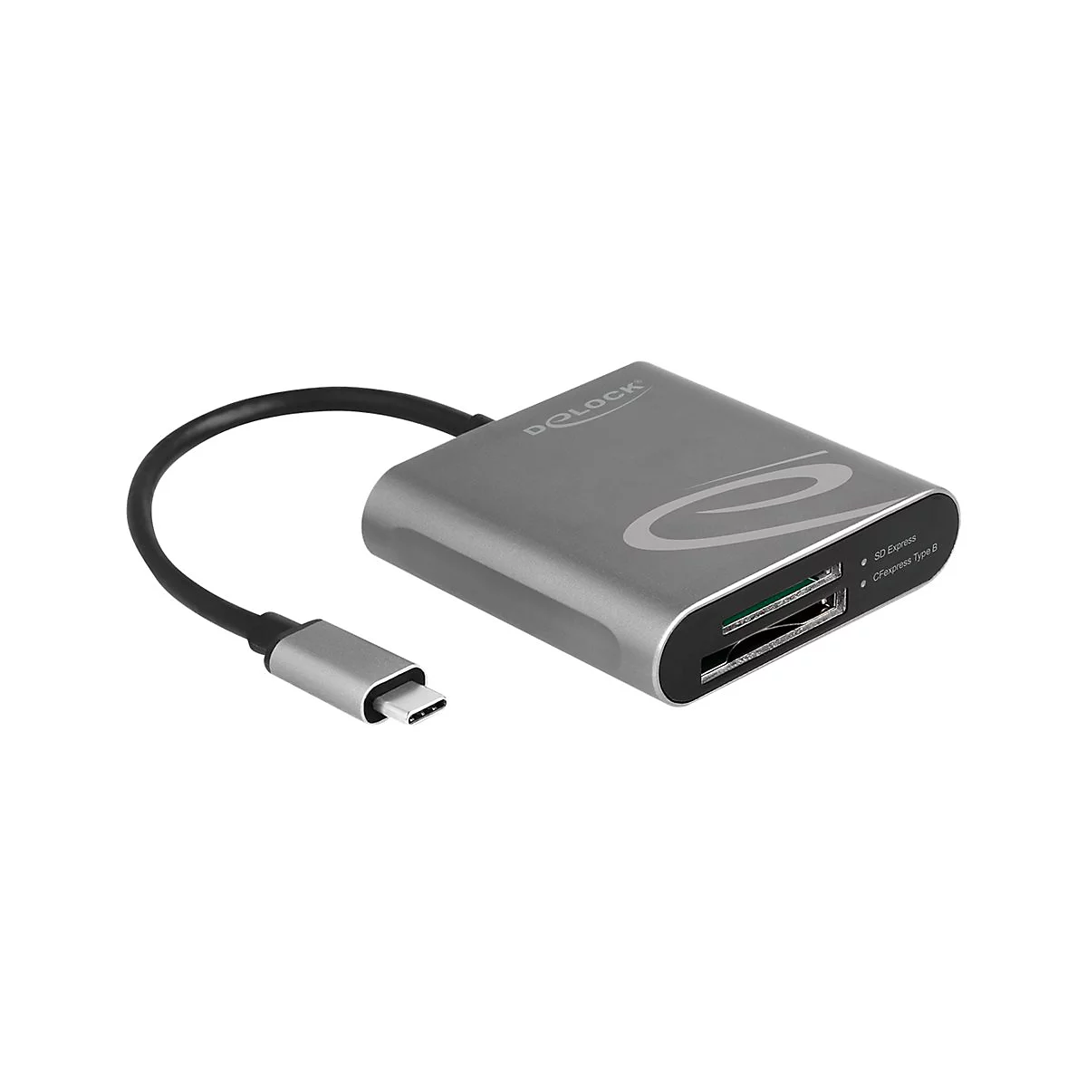 Grauer Speicherkartenleser mit USB-C-Anschluss, schwarzem Kabel und Logo-Aufdruck.