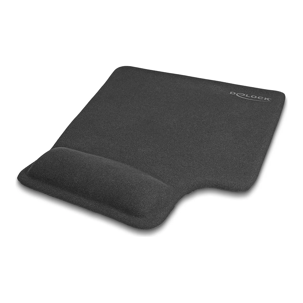 Schwarzes ergonomisches Mauspad mit integrierter Handballenauflage und Delock-Schriftzug.