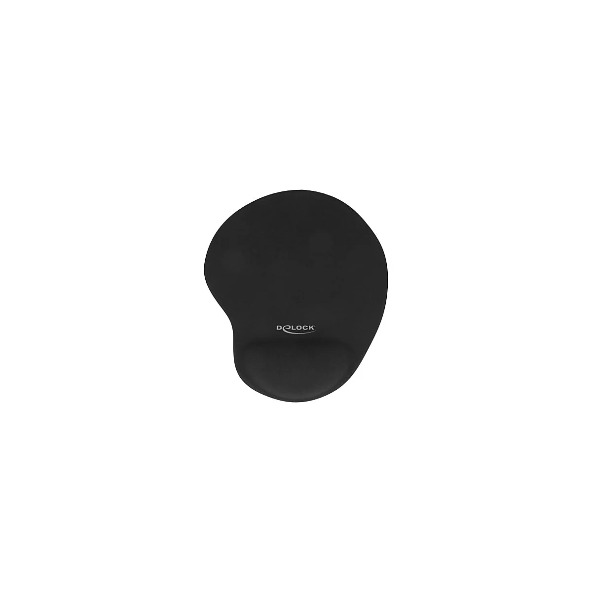 Schwarzes Mauspad mit integrierter Handballenauflage und aufgedrucktem Delock-Logo vor weißem Hintergrund.