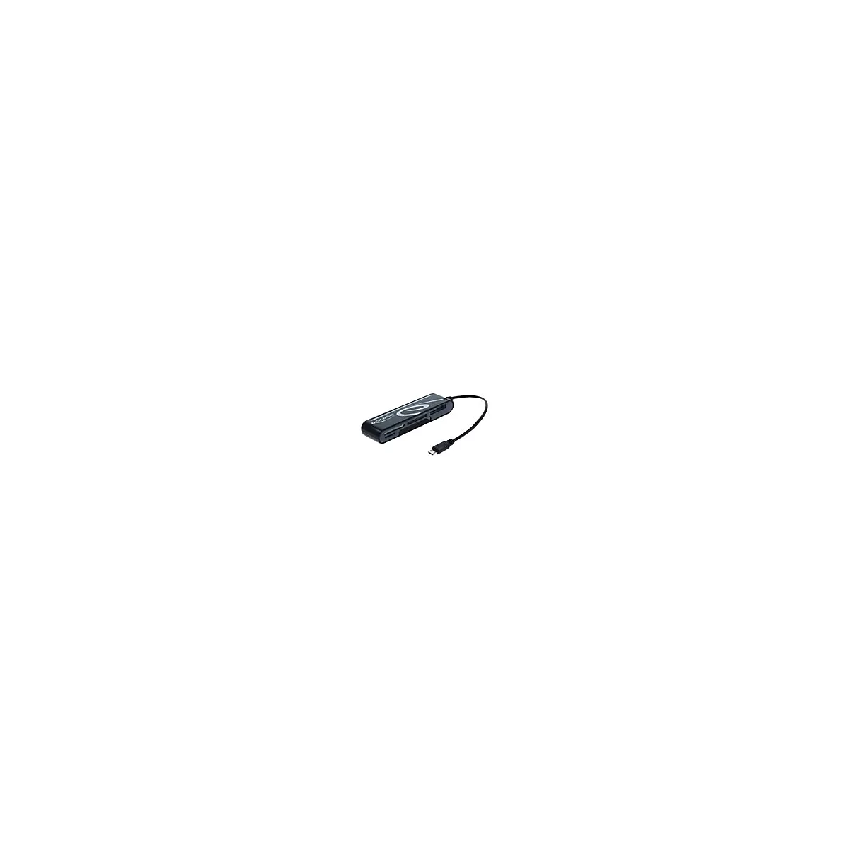 Schwarzes Kartenlesegerät mit Micro-USB-Anschluss, Logo, seitlich positioniert.