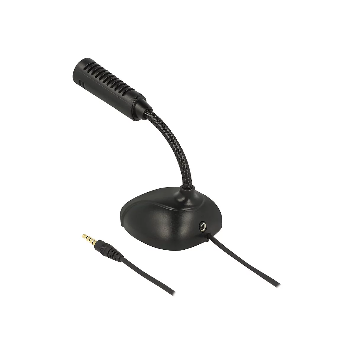 Schwarzes Schwanenhalsmikrofon mit Standfuß, Klinkenstecker und Kabel vor weißem Hintergrund.
