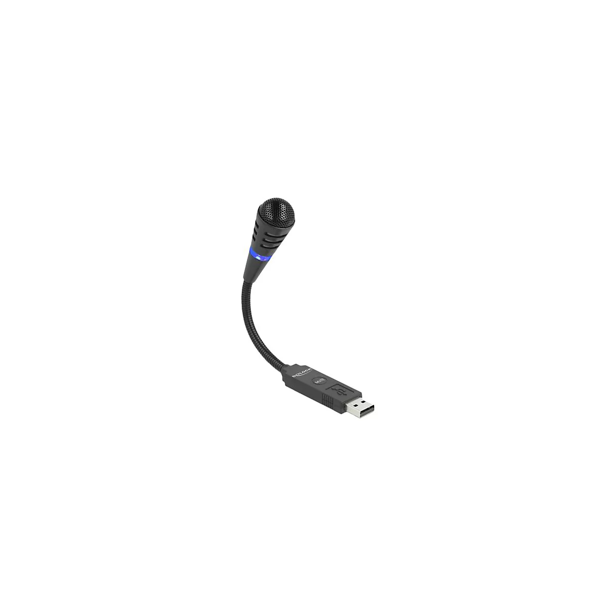 Schwarzes USB-Schwanenhalsmikrofon mit blauem LED-Lichtring und Mute-Taste vor weißem Hintergrund.