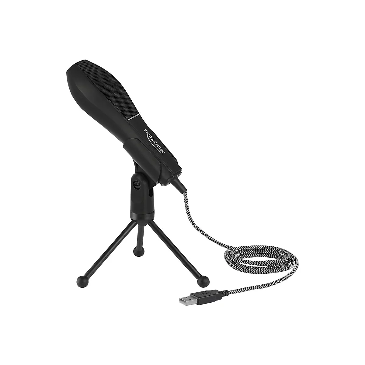 Schwarzes Delock USB-Mikrofon auf einem kleinen dreibeinigen Stativ mit einem schwarz-weiß gewebten Kabel.