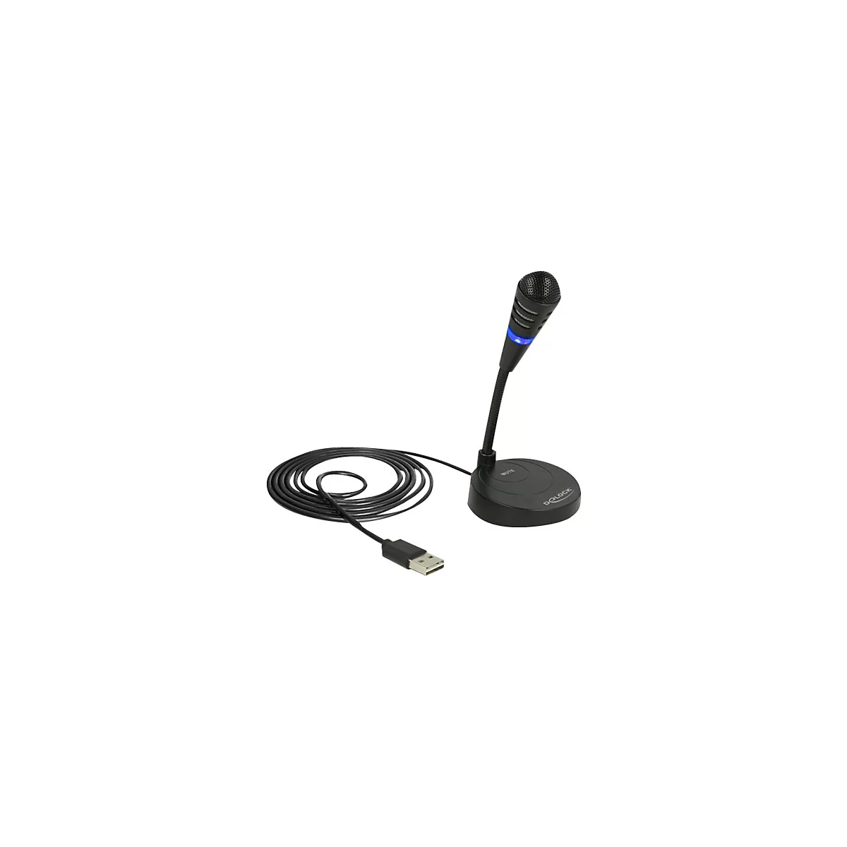 Schwarzes USB-Tischmikrofon auf einem runden Standfuß mit Mute-Taste und blauem Leuchtring vor weißem Hintergrund.