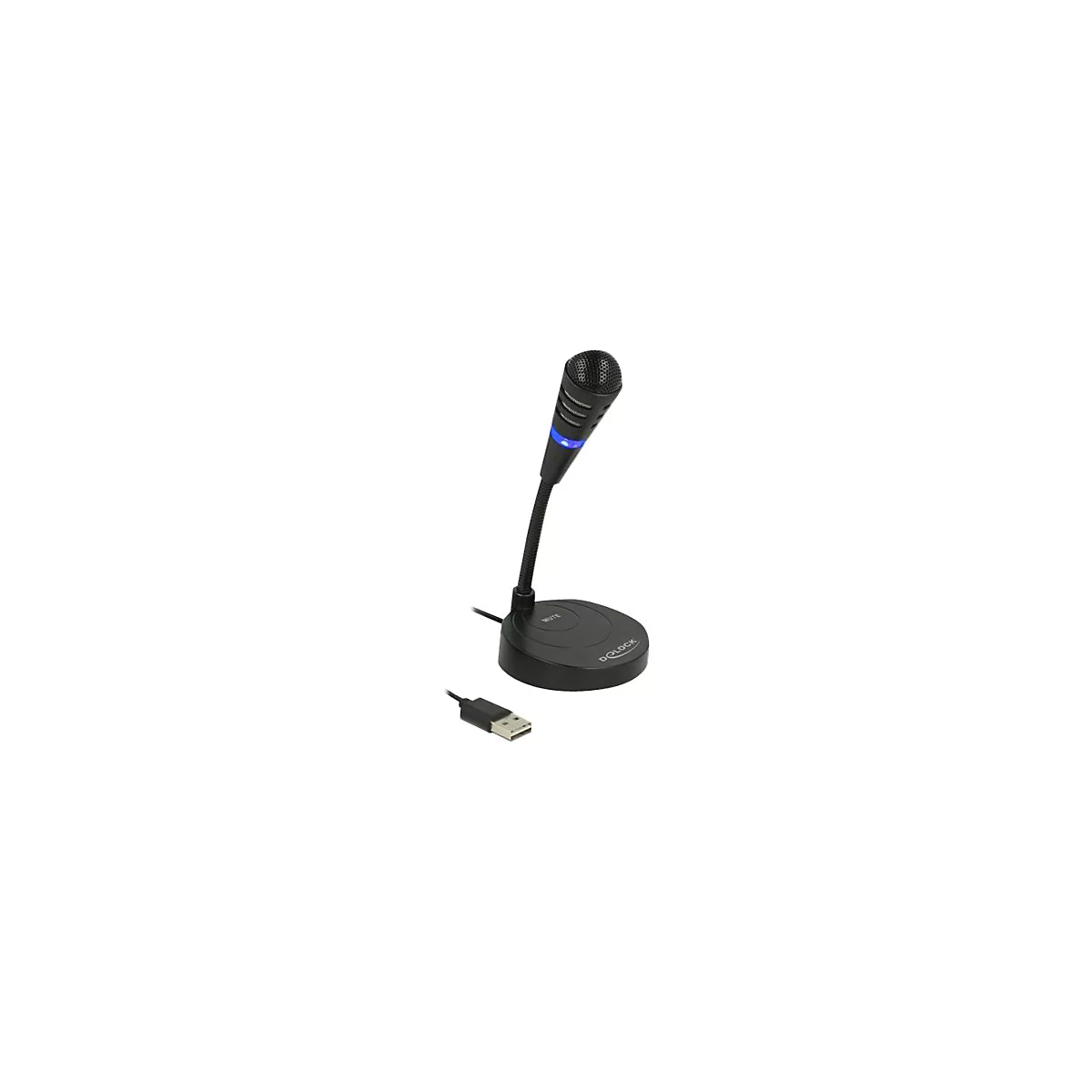 Schwarzes USB-Tischmikrofon mit Schwanenhals, beleuchtetem Ring und Mute-Taste auf weißem Hintergrund.
