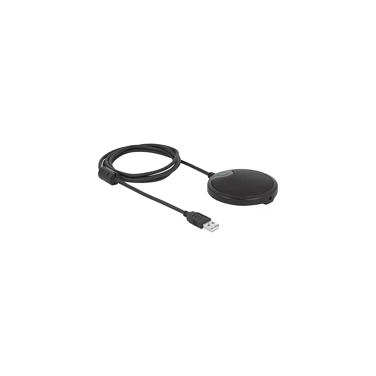 Schwarzes Grenzflächenmikrofon mit USB-Anschlusskabel vor weißem Hintergrund.