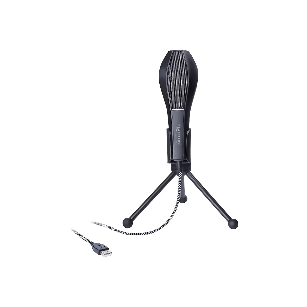 Schwarzes Standmikrofon von Delock auf einem kleinen Dreibeinstativ mit USB-Kabel vor weißem Hintergrund.