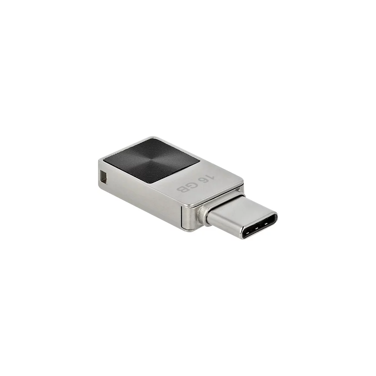 Silberner USB-C-Stick mit 16 GB Speicherkapazität und schwarzer, geriffelter Oberfläche vor weißem Hintergrund.