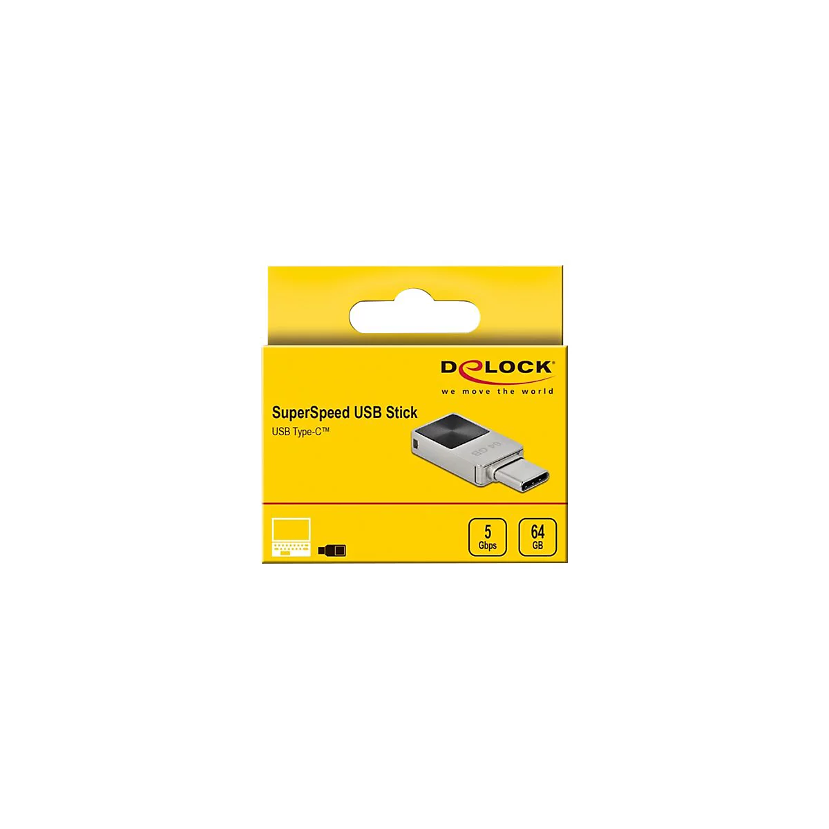 Gelbe Produktverpackung eines Delock SuperSpeed USB-C Sticks mit 64 GB Speicher und 5 Gbps Übertragungsrate.