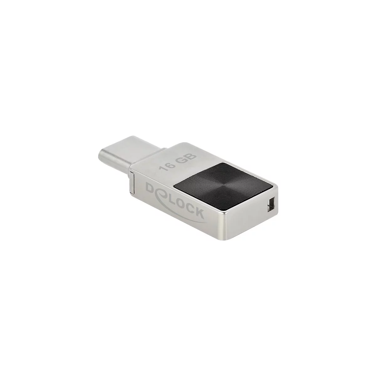 Silberner Delock USB-C Stick mit 16 GB Kapazität und schwarzem, kreisförmig strukturiertem Griffbereich.