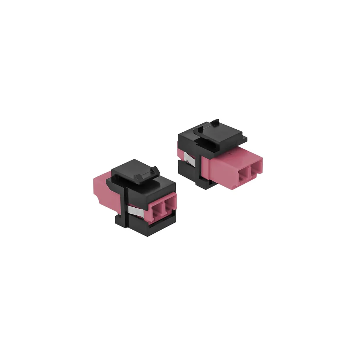 Zwei identische Stecker-Module mit schwarzem Gehäuse und rosa Kunststoff-Innenleben vor weißem Hintergrund.