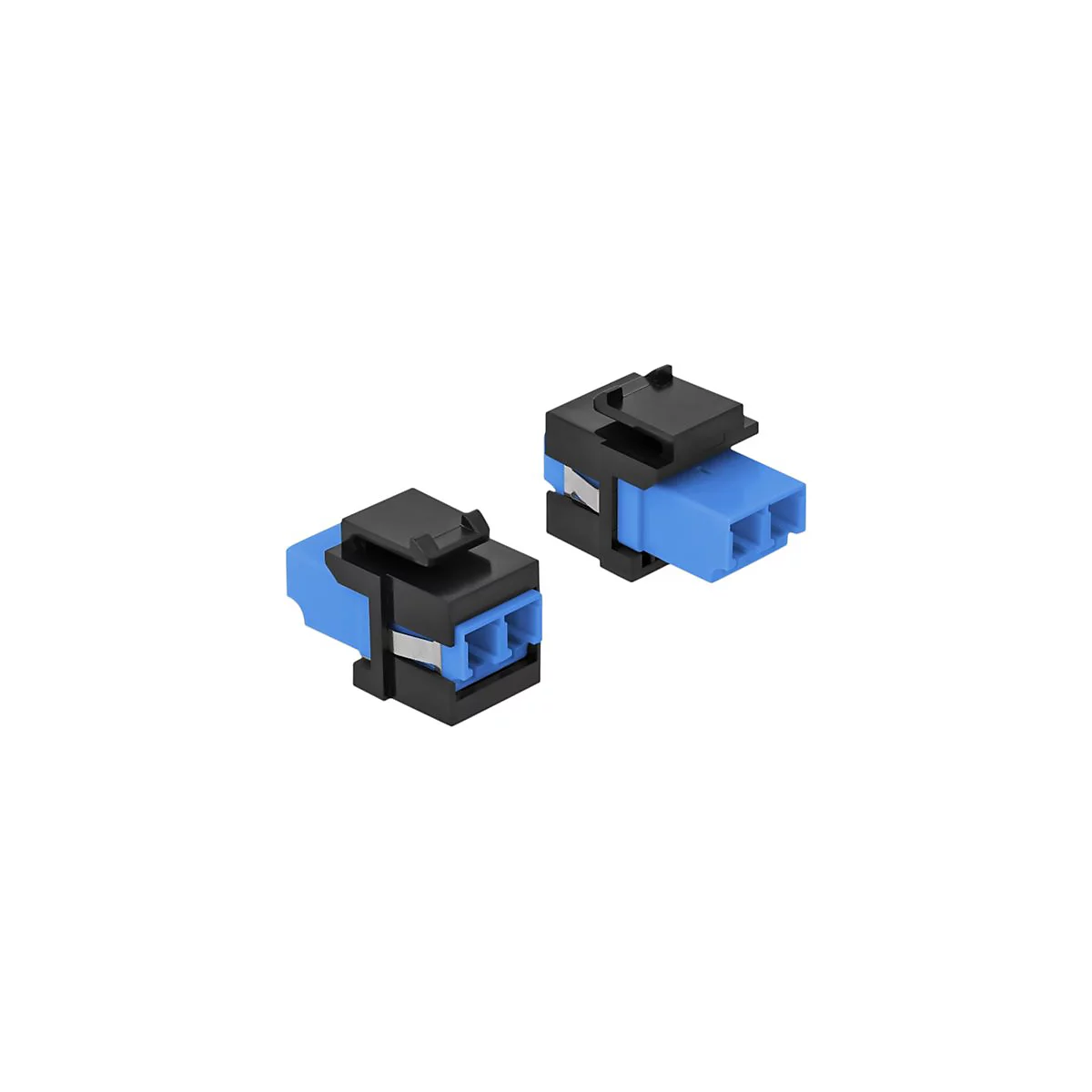 Zwei schwarze Kunststoff-Keystone-Module mit blauen Glasfaser-Kupplungen vor weißem Hintergrund.