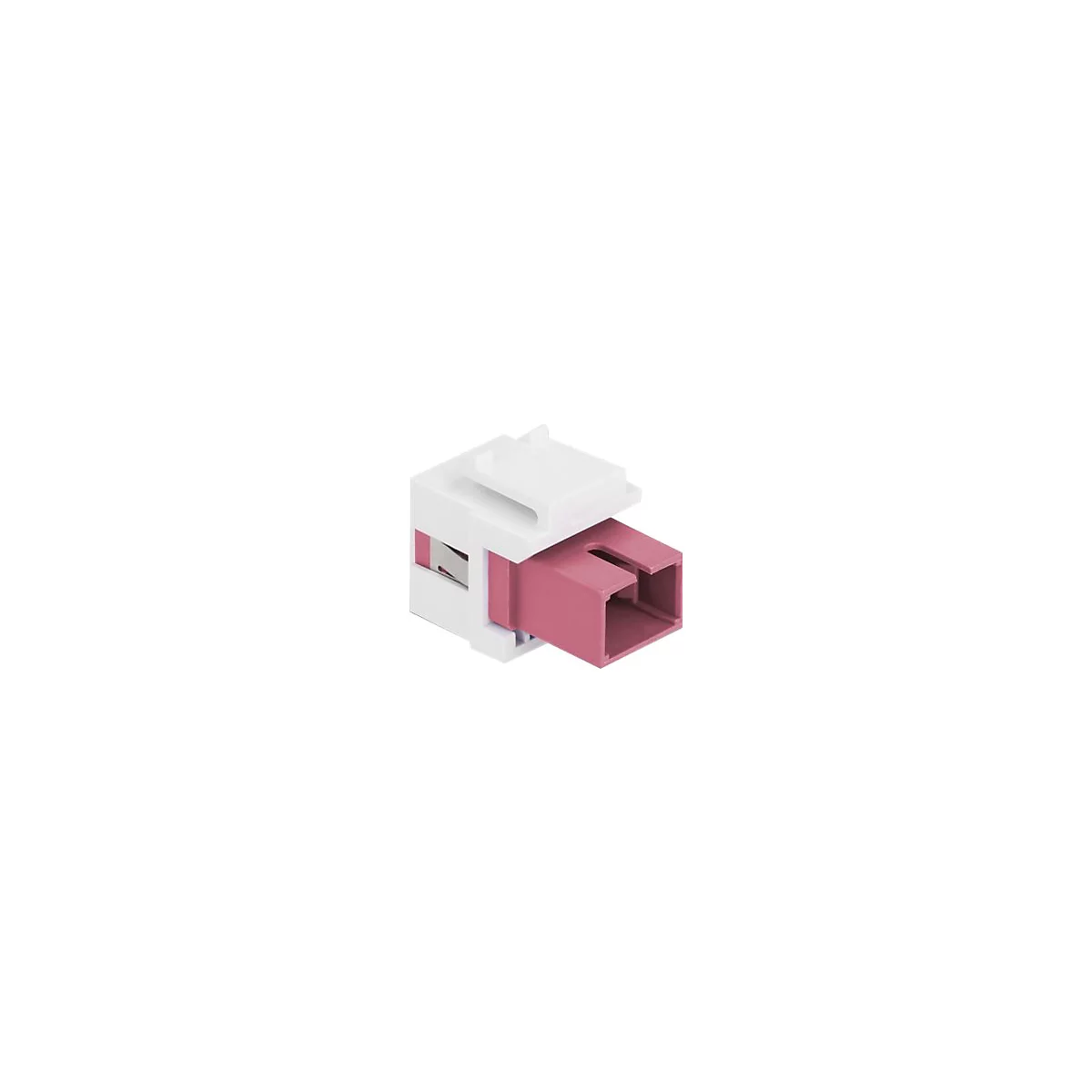 Weiße Keystone-Buchse mit einem rosa LC-Duplex-Einsatz aus Kunststoff vor weißem Hintergrund.