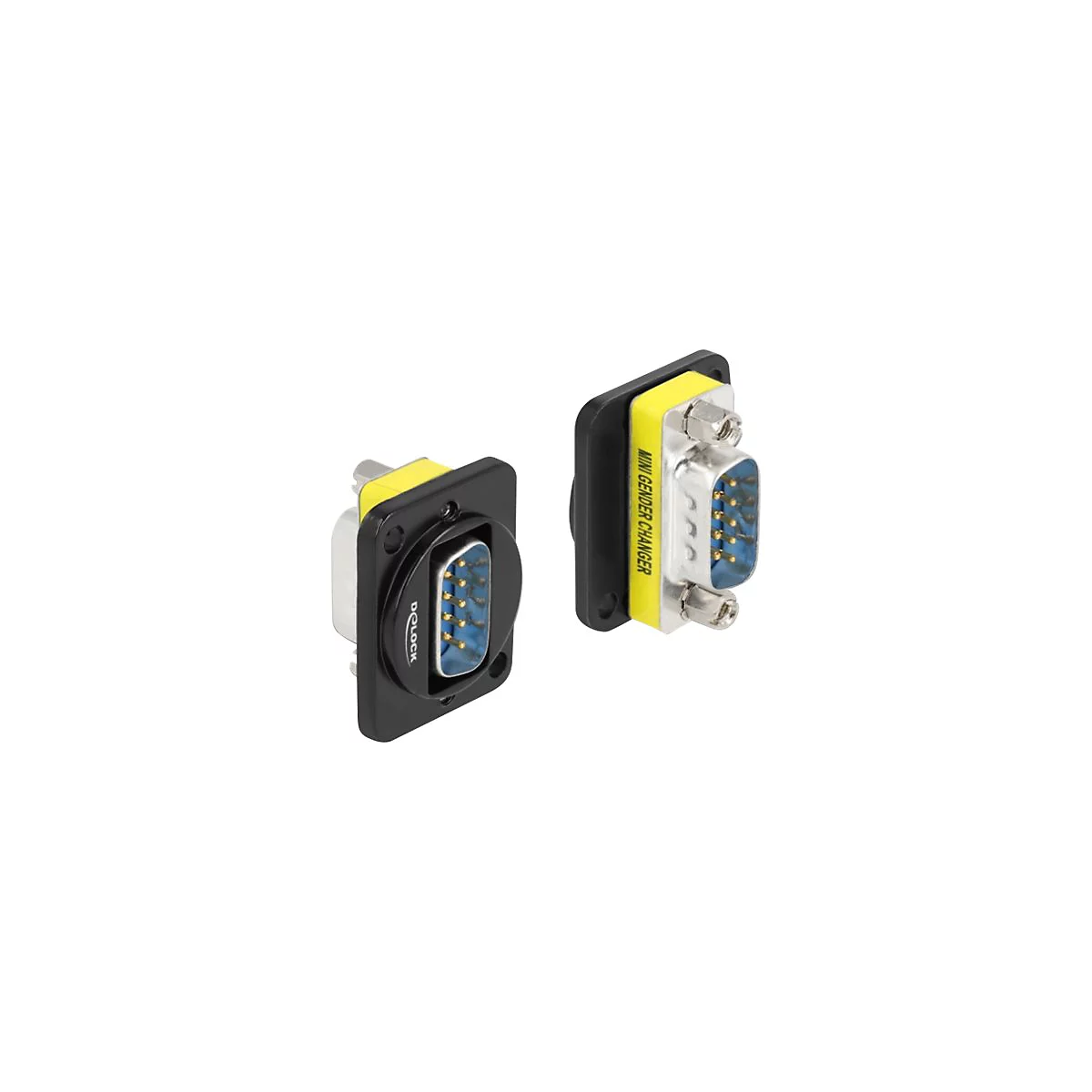 Zwei Delock Mini Gender Changer Adapter mit 9-poligem Sub-D Anschluss vor weißem Hintergrund.