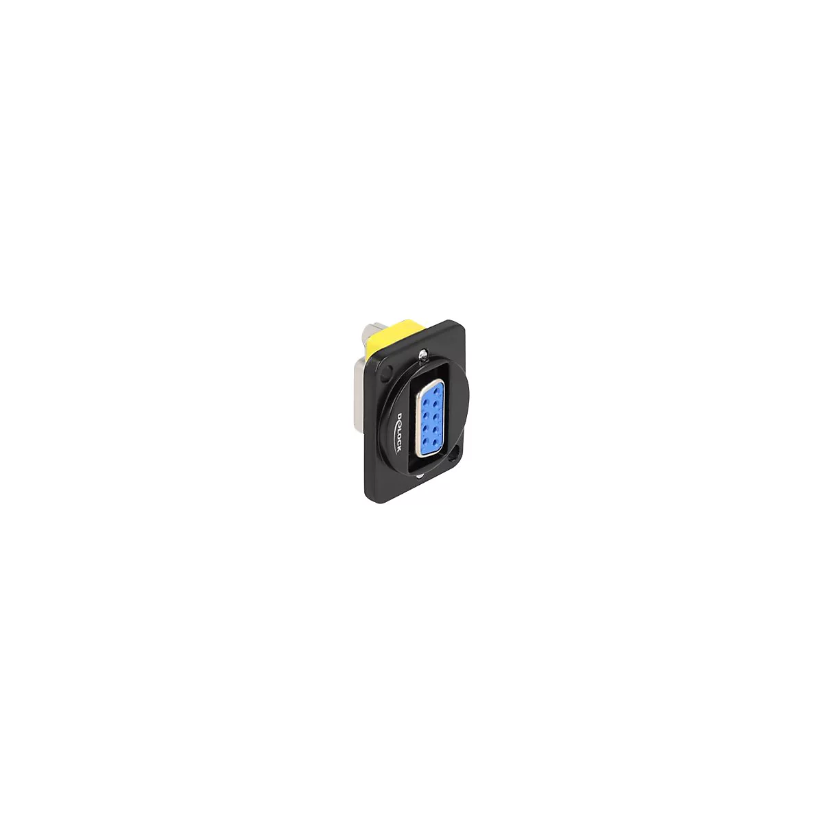 Schwarze Delock Einbaubuchse mit blauem Sub-D-Anschluss.