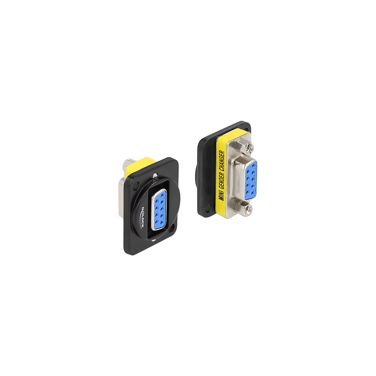 Zwei Delock Mini-Gender-Changer DB9-Adapter mit blauem Einsatz vor weißem Hintergrund.