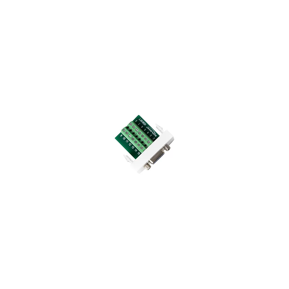 Delock VGA-Terminalblock-Adapter mit 15 Schraubanschlüssen auf grünem PCB vor weißem Hintergrund.