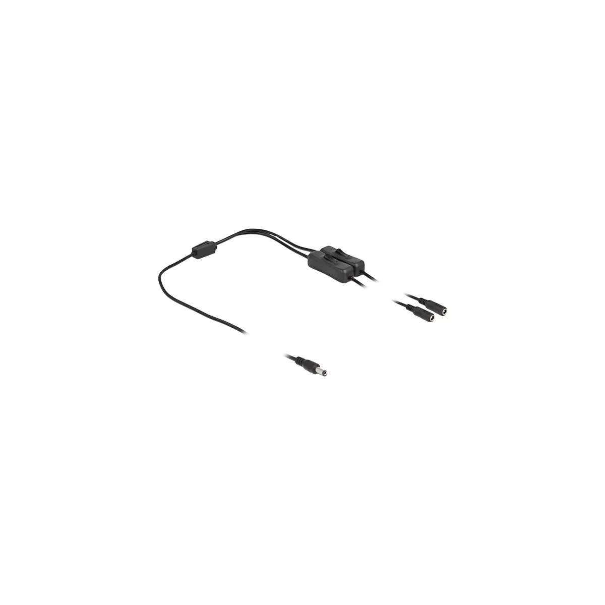 Schwarzes Y-Kabel mit zwei Wippschaltern und drei Steckanschlüssen vor weißem Hintergrund.