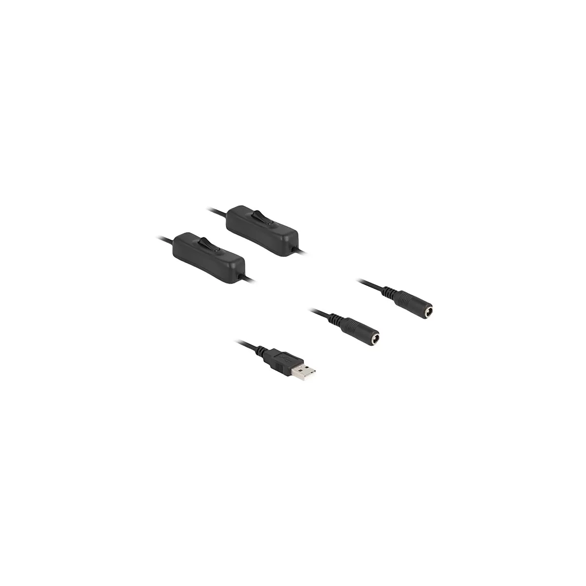 Zwei schwarze USB-Kabel mit integrierten Ein-Aus-Schaltern und Klinkenanschlüssen vor weißem Hintergrund.