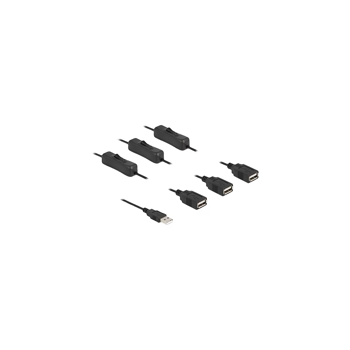 Drei schwarze USB-Kabel mit integrierten Ein-Aus-Schaltern und USB-Anschlüssen vor weißem Hintergrund.