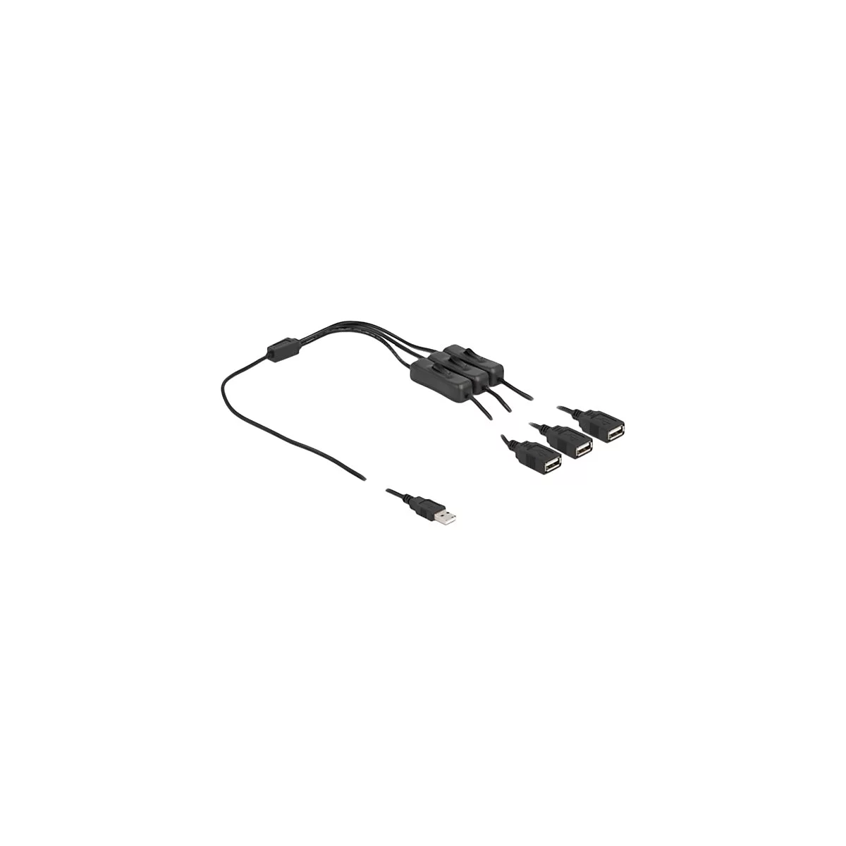 Ein schwarzes USB-Kabel mit drei integrierten Ein-Aus-Schaltern und drei USB-Anschlüssen.