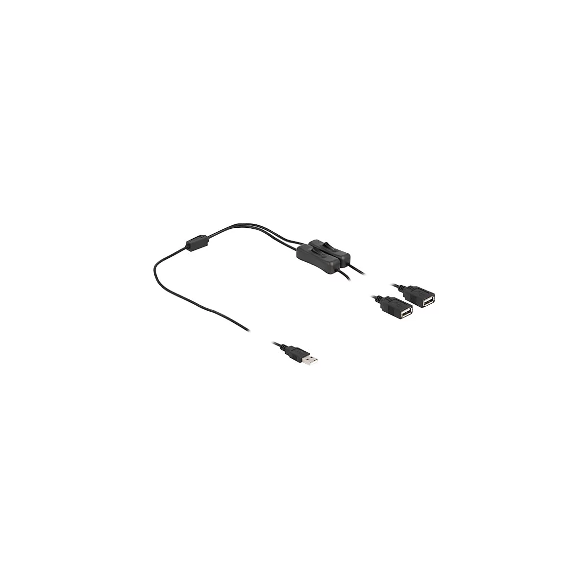 Schwarzes USB-Kabel mit zwei Kippschaltern und einem USB-Stecker, der sich in zwei USB-Buchsen aufteilt.