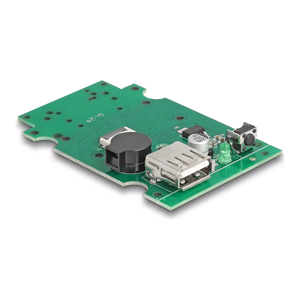 Grüne Platine mit elektronischen Bauteilen. USB-Anschluss, Knopf, LED und andere Komponenten.