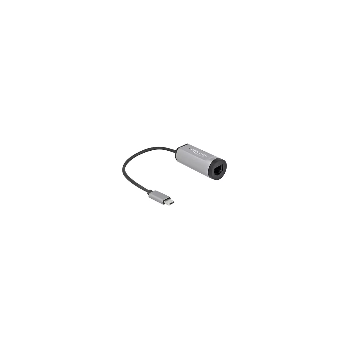 Silberner USB-C auf Gigabit Ethernet Adapter von Delock mit kurzem schwarzen Kabel vor weißem Hintergrund.