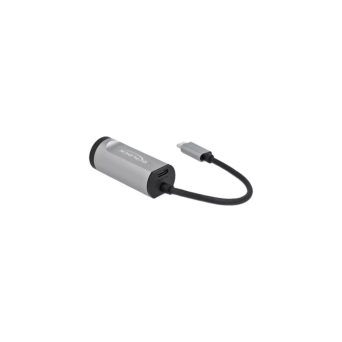 Silberner Delock USB-C-Adapter mit kurzem schwarzem Kabel vor weißem Hintergrund.