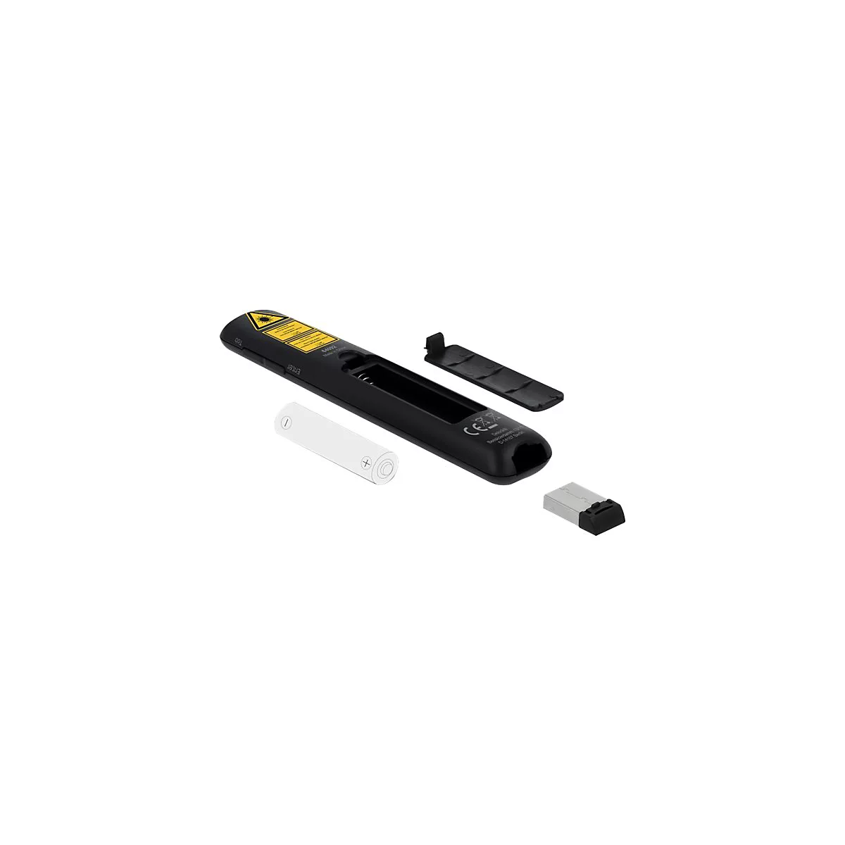 Schwarzer Laserpointer mit geöffnetem Batteriefach, einer AAA-Batterie und einem USB-Empfänger.