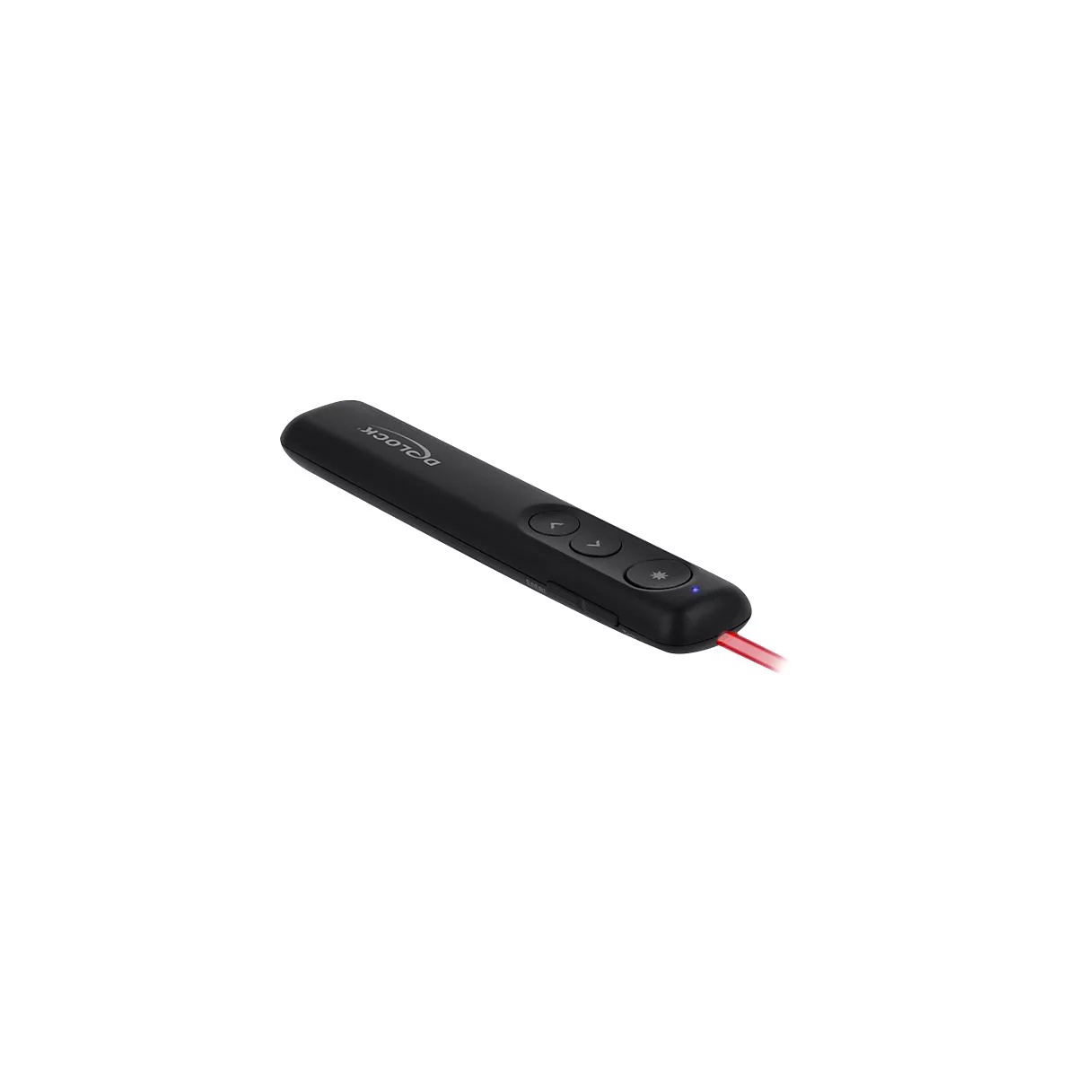 Schwarzer Delock Presenter mit Laserpointer, Bedientasten und blauem Statuslicht.