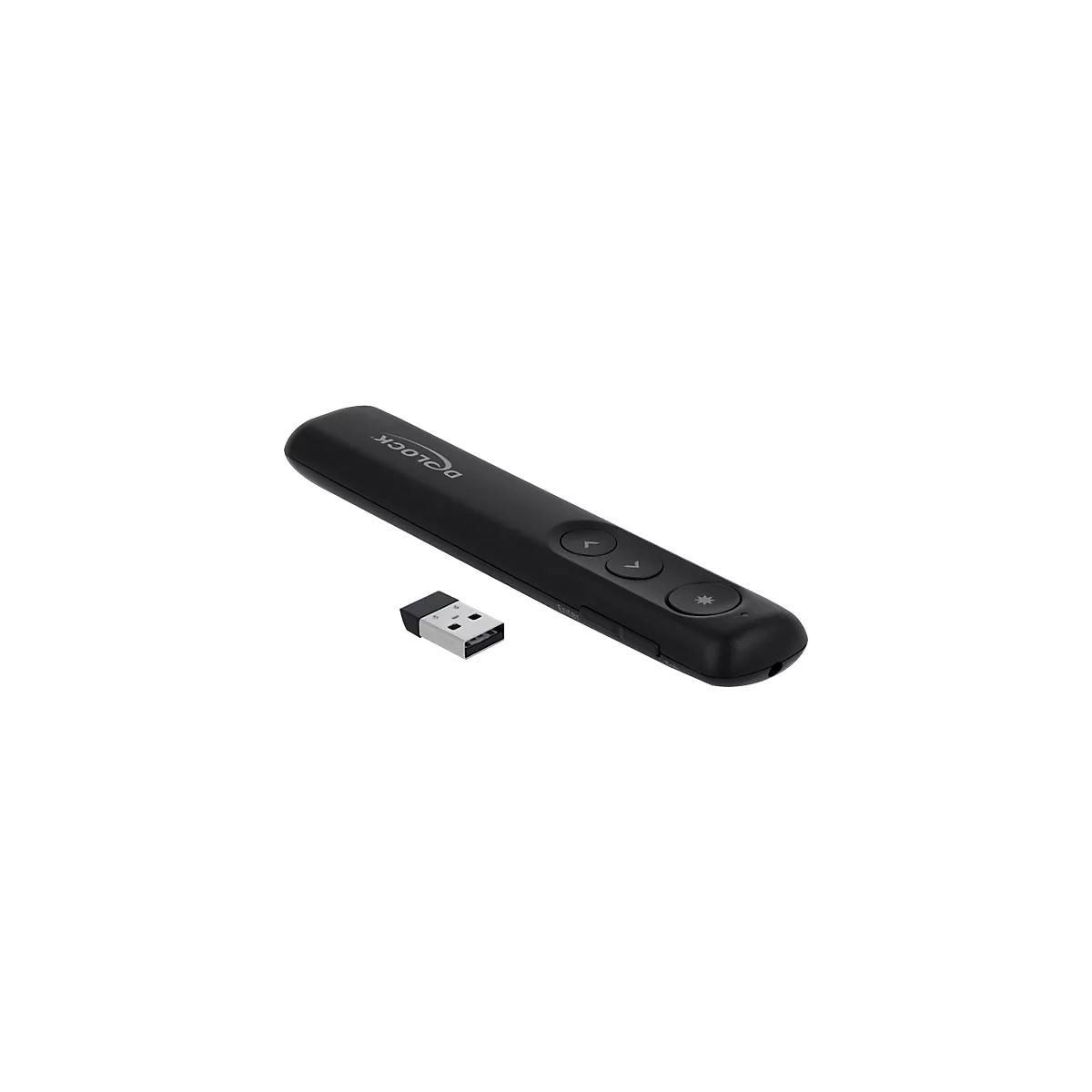 Schwarzer Delock Laserpointer mit USB-Empfänger auf weißem Hintergrund.