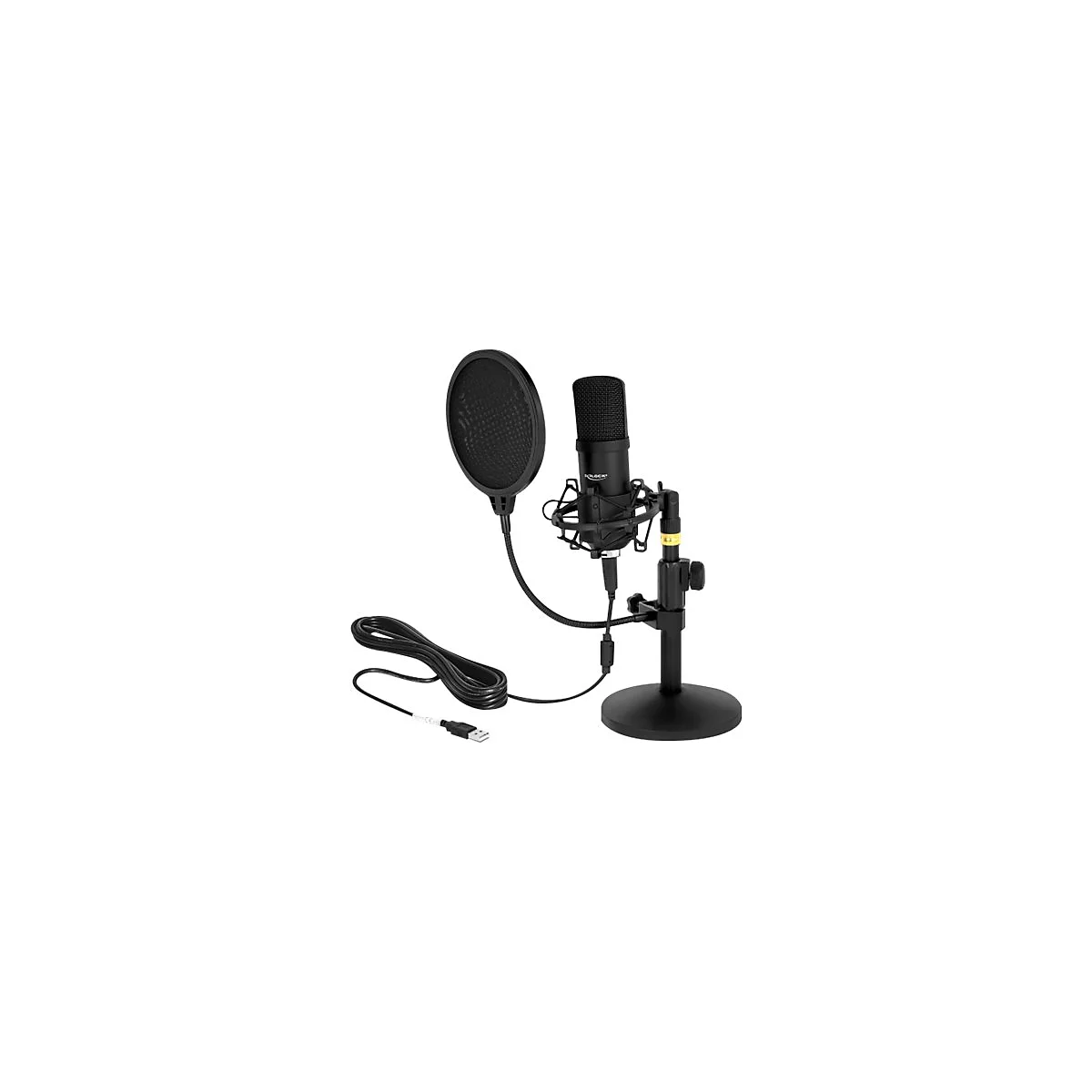 Schwarzes Kondensatormikrofon mit Stativ, Pop-Filter und USB-Kabel vor weißem Hintergrund.