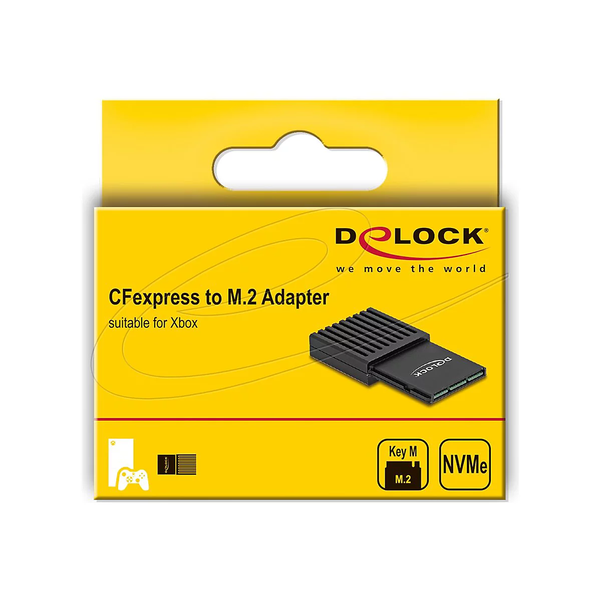 Gelbe Verpackung des Delock CFexpress auf M.2 Adapters für Xbox Konsolen.