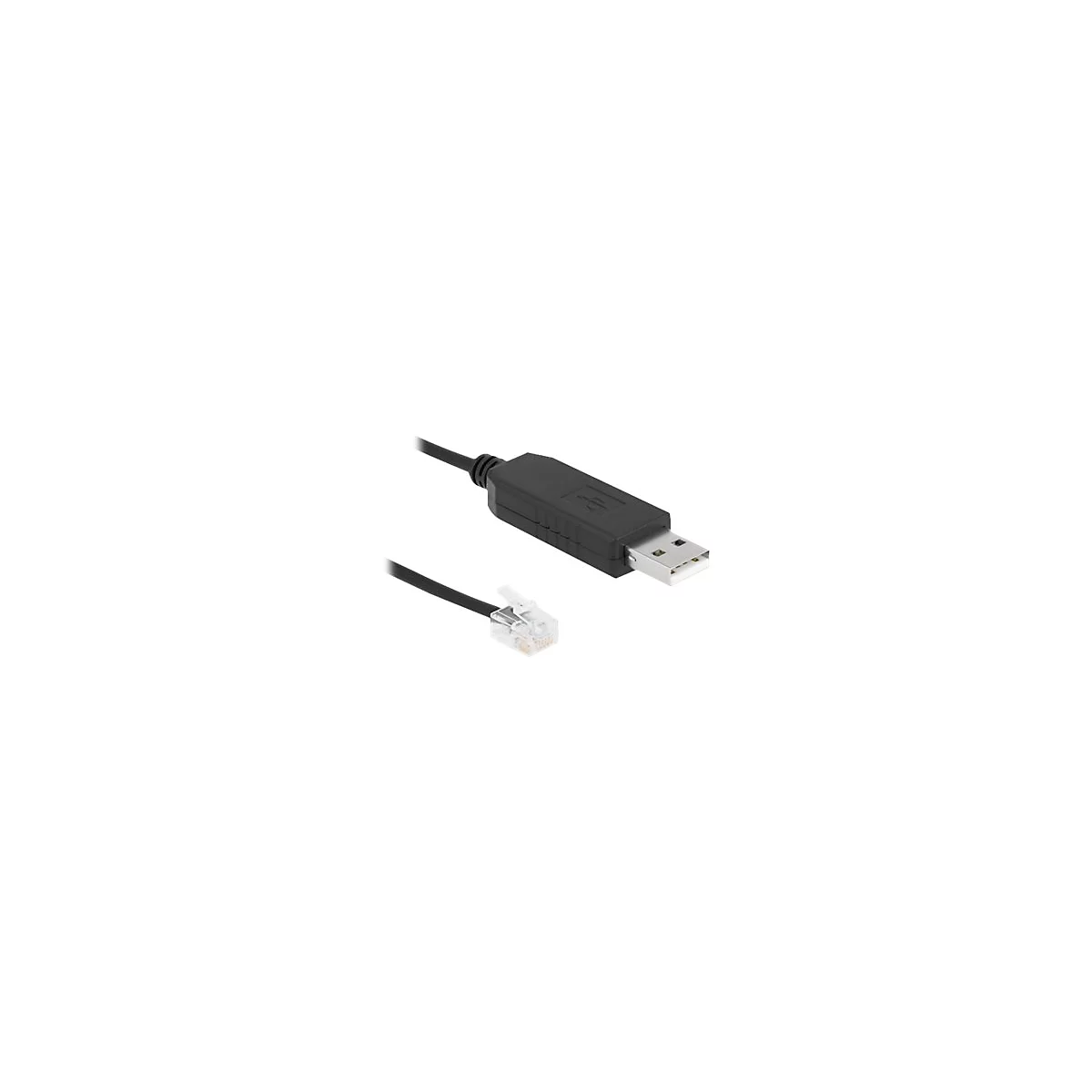 Ein schwarzes Adapterkabel mit einem USB-A-Stecker an einem Ende und einem transparenten RJ11-Telefonstecker am anderen.