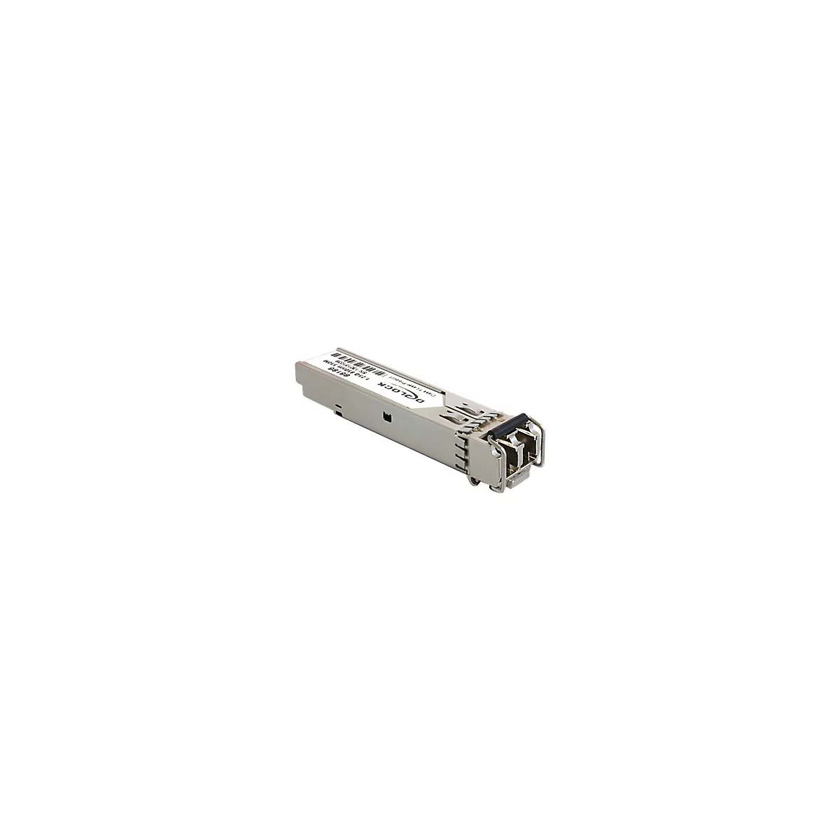 Metallfarbener SFP-Transceiver, mit Text und Barcode, vor weiÃŸem Hintergrund.