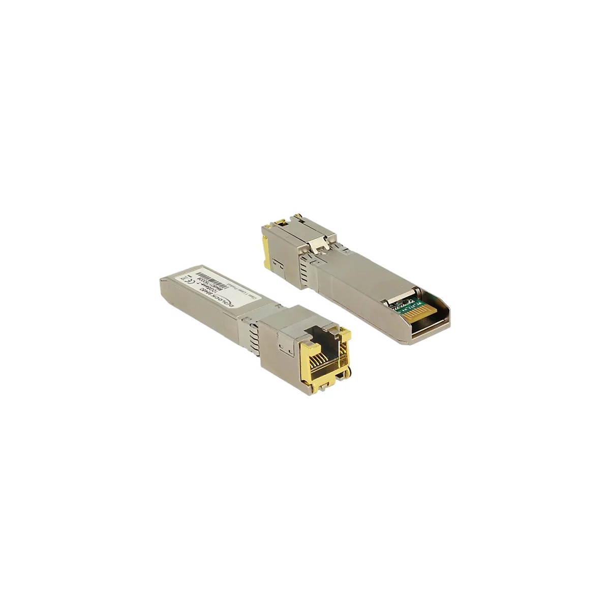 Zwei silberfarbene SFP-Transceiver liegen auf weiÃŸem Hintergrund. Einer zeigt den RJ45-Port, der andere die Leiterplatte.