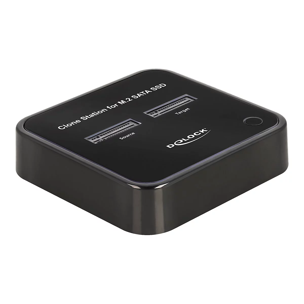 Schwarze Clone Station fÃ¼r M.2 SATA SSD, mit zwei SteckplÃ¤tzen und SchriftzÃ¼gen.