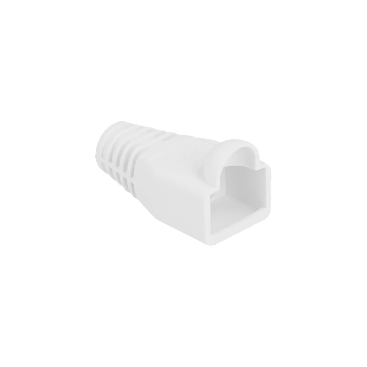 Weiße Knickschutztülle für RJ45-Stecker vor neutralem Hintergrund.