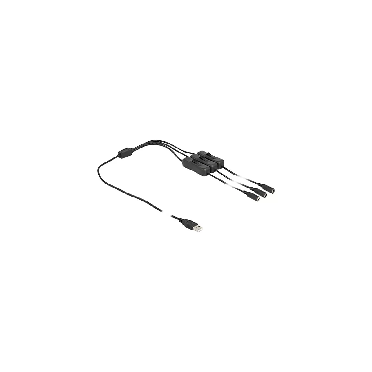 Ein schwarzes USB-Kabel, das sich in drei Anschlüsse mit jeweils eigenem Ein- und Ausschalter verzweigt.