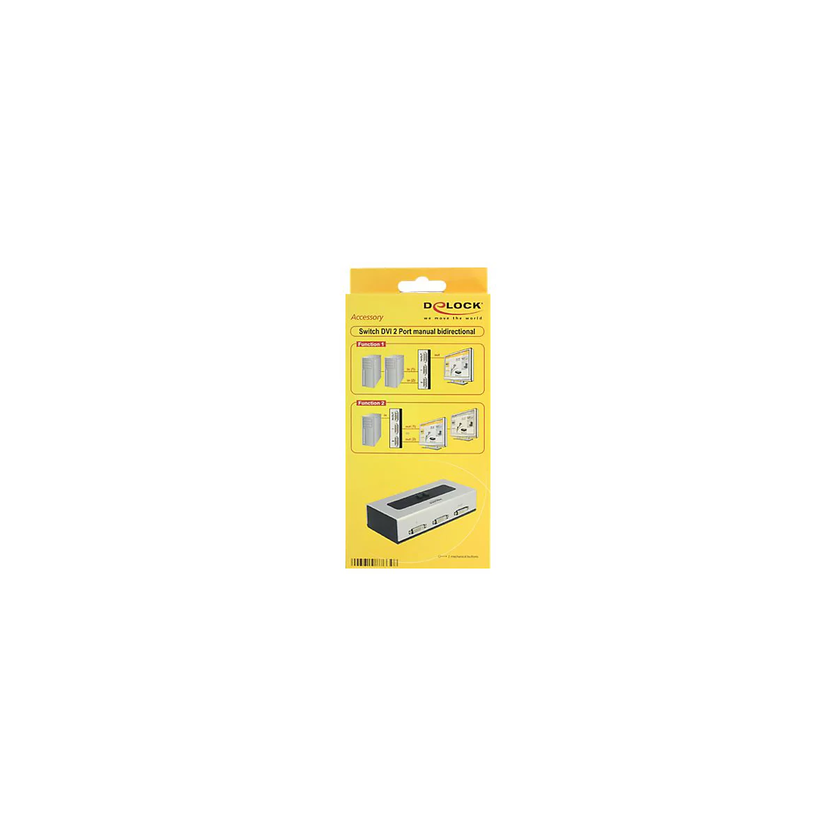 Produktverpackung eines DVI-Switches von DeLock, mit Funktionsdarstellungen und Logo.