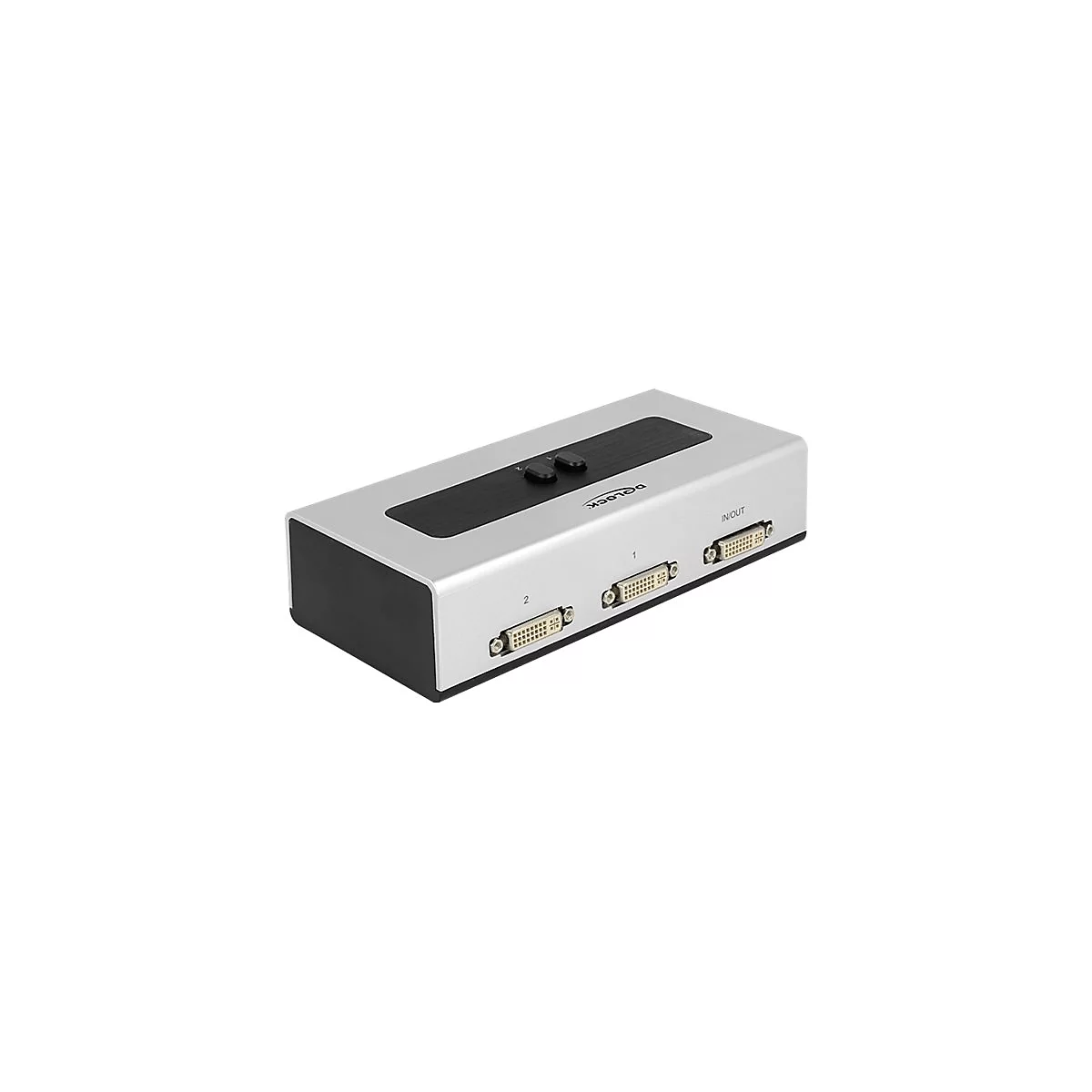 Grauer DVI-Switch mit DVI-Anschlüssen und zwei Knöpfen auf der Oberseite. Auf dem Gerät steht "Delock".