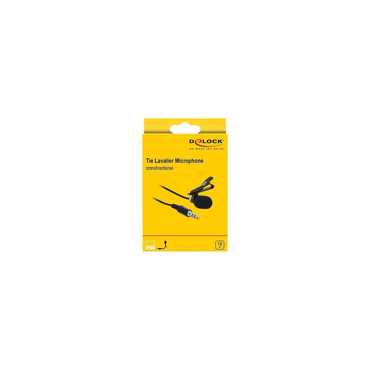 Gelbe Verpackung eines Dolock Lavaliermikrofons mit 1,8 Meter Kabel und Klinkenstecker.