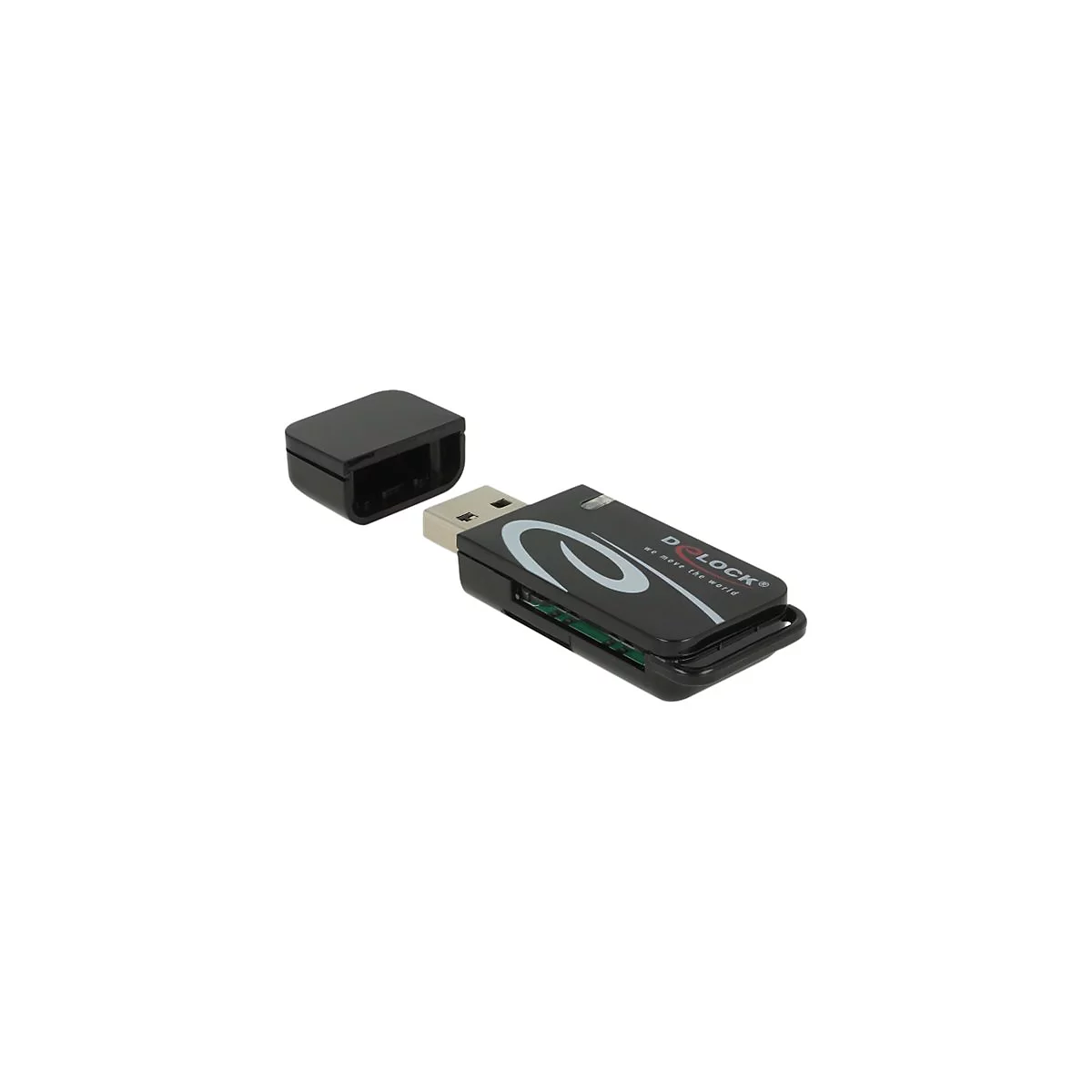 Schwarzer USB-Stick von Delock mit abgenommener Schutzkappe vor weißem Hintergrund.