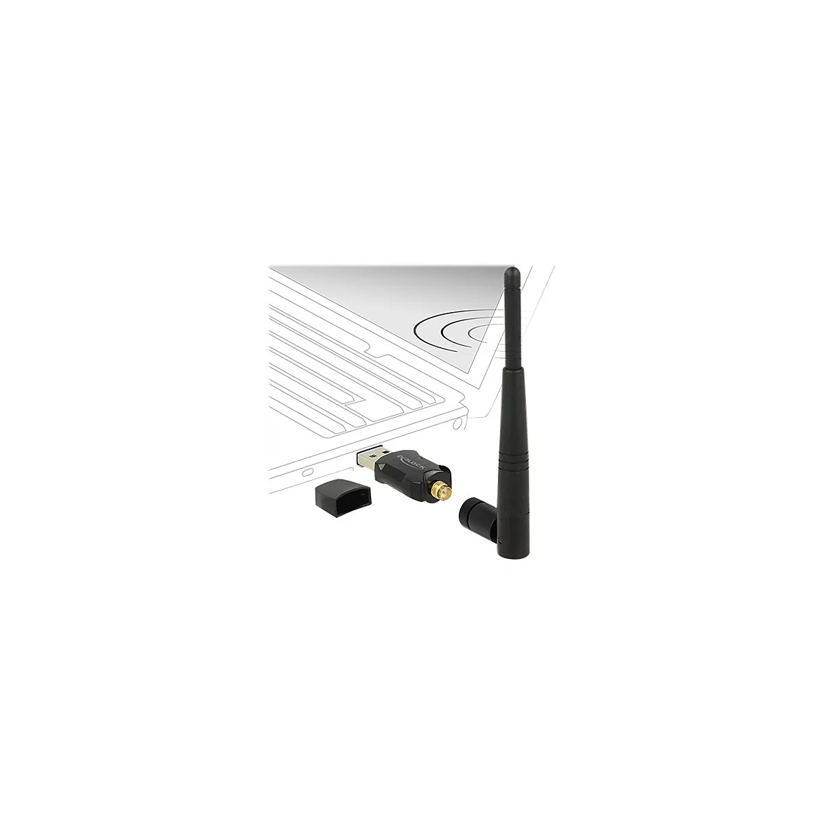 USB-WLAN-Adapter mit abnehmbarer Antenne und Kappe, teilweise auf skizzierter Laptop-Darstellung.