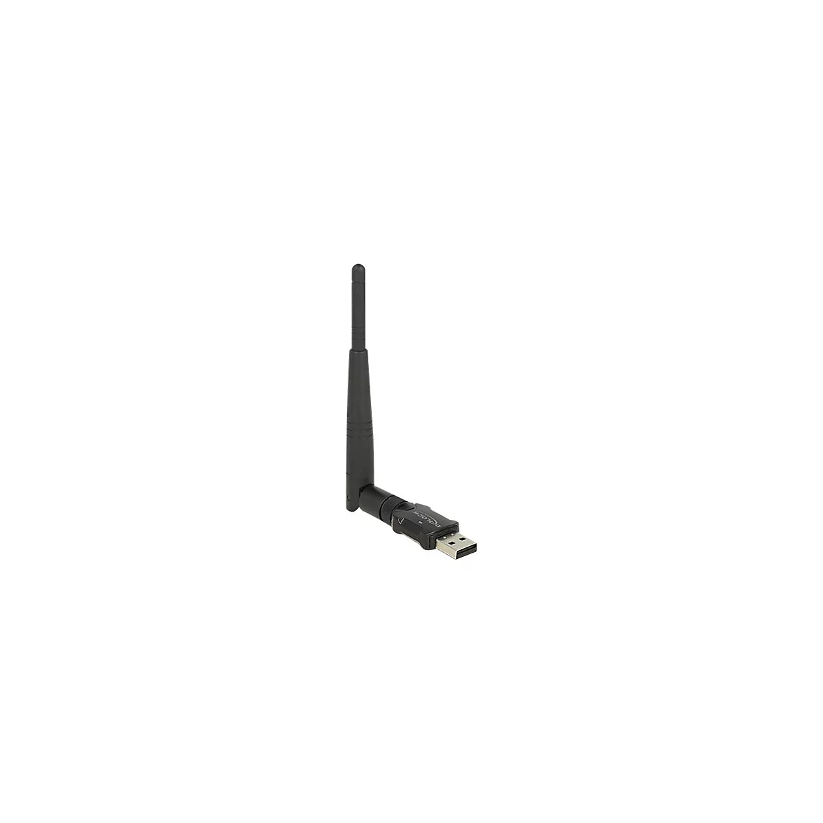 Ein schwarzer WLAN-Adapter mit Antenne. Der USB-Stecker ist sichtbar.