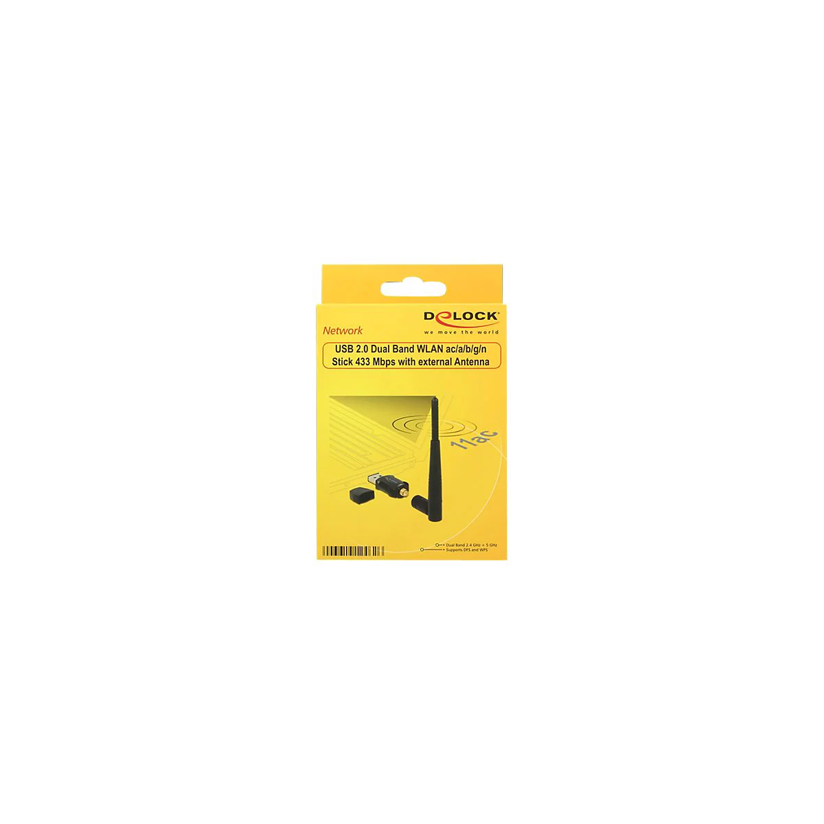 Gelbe Verpackung, schwarzer WLAN-Stick mit Antenne. Aufdruck: USB 2.0 Dual Band WLAN.